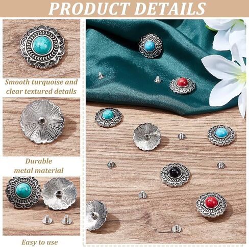 WADORN 24 مجموعة من مسامير تزيين عباد الشمس، 4 ألوان 13 مم عتيقة من Conchos Nailhead ترصيع تقليد فيروزي دائري الشكل مصبوب برغي زر خلفي DIY إكسسوارات حرفية جلدية in Kuwait