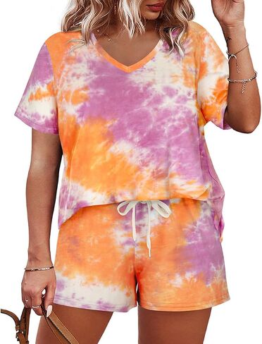 CARCOS Womens Plus Size 2 Piece Outfits Tie Dye Shorts Sets Summer Lounge Set Track Suits Vacation Outfits with Pocket XL-5XL in Saudi Arabia