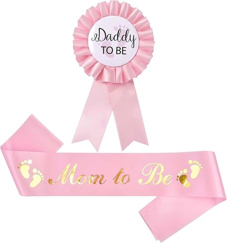 Baby Shower Mom To Be Sash And Tinplate Badge Daddy To Be Combo Kit,Baby Gender Reveal Party Gifts (Light Pink) in Saudi Arabia