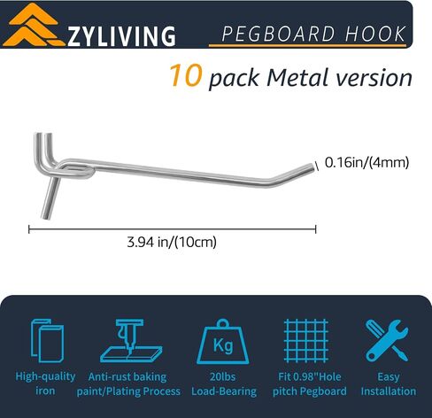 Pegboard Hooks, Hooks for Pegboards with 0.98 inch Hole Spacing, 3.9 inch longth Pegboard Hooks for Hanging Tools (10 Pack, White) in Saudi Arabia