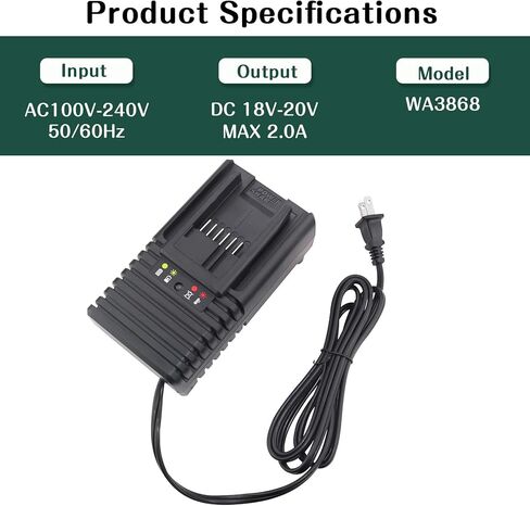 شاحن بطارية ليثيوم أيون WA3868 20 فولت بديل لـ Worx متوافق مع بطارية Worx 18V/20V WA3868 WA3520 WA3525 WA3512 WA3512.1 WA3522 WA3544 WA3742 WA3575 WA3578 شاحن بطارية ليثيوم أيون in Kuwait