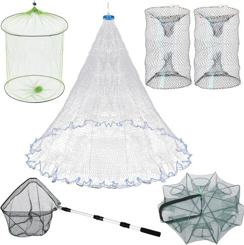 6 Pcs Fishing Net Trap Portable Folded, Crab Trap Minnow Trap, Fishing Landing Net with Telescoping Pole Handle, Casting Net Bait Trap with Heavy Duty Sinker and Storage Bucket in Saudi Arabia