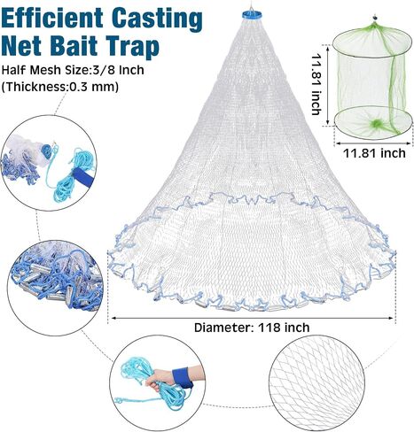6 Pcs Fishing Net Trap Portable Folded, Crab Trap Minnow Trap, Fishing Landing Net with Telescoping Pole Handle, Casting Net Bait Trap with Heavy Duty Sinker and Storage Bucket in Saudi Arabia