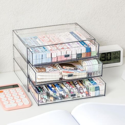 Clear stackable storage drawers 3-tier plastic drawers organizer,Convenient for organizing office supplies, school supplies, stationery, cosmetics(3 Draws) in Saudi Arabia