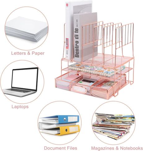 EOOUT Rose Gold Desk Organizer, File Organizers with Drawers and 5 Upright Sections for Pen Holder Paper Organizer Desk Home Office Teacher Supplies in Saudi Arabia
