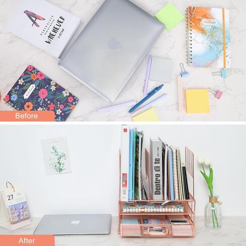 EOOUT Rose Gold Desk Organizer, File Organizers with Drawers and 5 Upright Sections for Pen Holder Paper Organizer Desk Home Office Teacher Supplies in Saudi Arabia