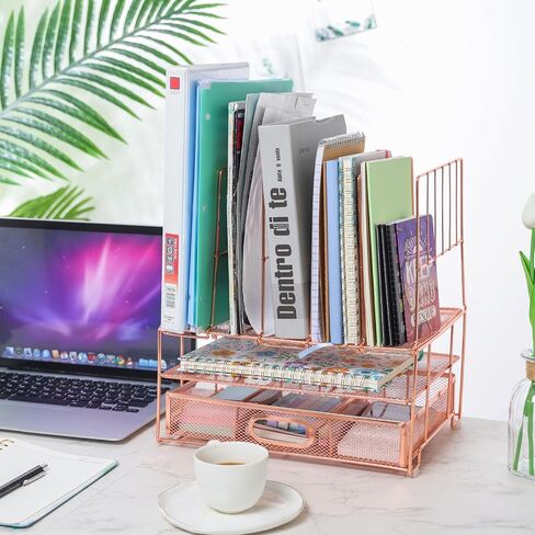 EOOUT Rose Gold Desk Organizer, File Organizers with Drawers and 5 Upright Sections for Pen Holder Paper Organizer Desk Home Office Teacher Supplies in Saudi Arabia