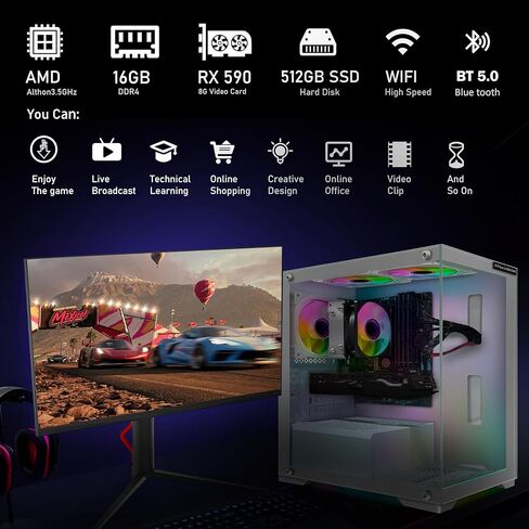 كمبيوتر سطح المكتب للألعاب STGAubron، AMD Athlon 3000G 3.5G، 16G DDR4، 512G SSD، Radeon RX 590 8G GDDR5، 600M WiFi، BT 5.0، RGB Fan x 3، لوحة مفاتيح وماوس ولوحة ماوس RGB، W11H64 in Kuwait