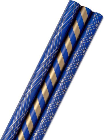 Hallmark All Occasion Wrapping Paper Bundle with Cut Lines on Reverse - Navy and Gold (3-Pack: 105 sq. ft. ttl.) for Birthdays, Weddings, Valentine's Day, Graduations, Engagements, Bridal Showers and More in Saudi Arabia