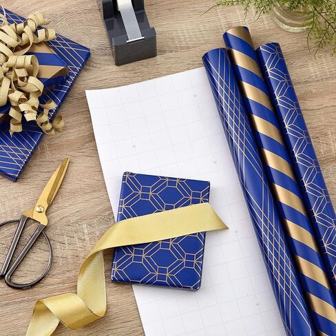 Hallmark All Occasion Wrapping Paper Bundle with Cut Lines on Reverse - Navy and Gold (3-Pack: 105 sq. ft. ttl.) for Birthdays, Weddings, Valentine's Day, Graduations, Engagements, Bridal Showers and More in Saudi Arabia