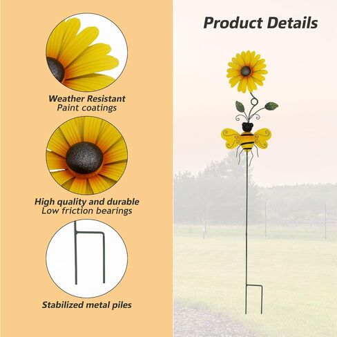 Sunflower Wind Spinner, Metal Pinwheels with Stake and Bee, Wind Mill for Yard and Garden, Lawn Decorations Outdoor (8×45Inch) in Saudi Arabia