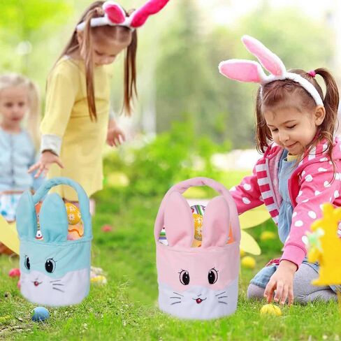 قطعتان من أكياس سلة عيد الفصح القطيفة للأطفال، قابلة لإعادة الاستخدام المحمولة على شكل أرنب البيض، سلة قطيفة هدايا للأولاد والبنات ديكورات الحفلات in Kuwait