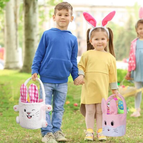 قطعتان من أكياس سلة عيد الفصح القطيفة للأطفال، قابلة لإعادة الاستخدام المحمولة على شكل أرنب البيض، سلة قطيفة هدايا للأولاد والبنات ديكورات الحفلات in Kuwait