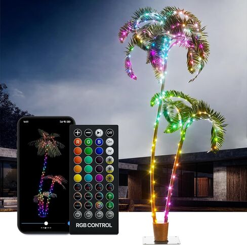 7Ft Lighted Palm Tree with 2 Trunks, 209 RGB LEDs, Prelit Fake Tree Lights, DIY 16 Mil. Color Changing, Music Sync, App & Remote Control, Outdoor Decoration for Bars, Patio, Beach, Pool, Cruise Party in Saudi Arabia