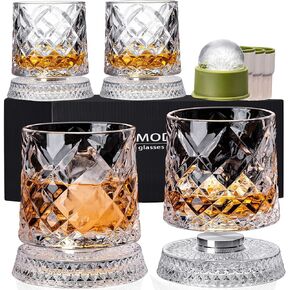 Spinning Whiskey Glasses Set of 4 With Iceball Molds, 9.5oz Lead-free Rotatable Old Fashioned Rocks Glasses for Bourbon, Scotch, Liquor and Cocktails, Gifts for Whiskey-lovers in Saudi Arabia