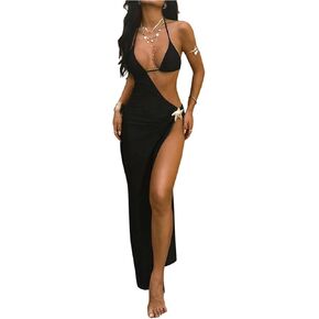 SHENHE Women's 3 Piece Swimsuits Triangle Halter Thong Bikini Set with Cover Up Maxi Dress in Kuwait
