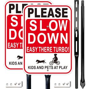 2 Pack Please Slow Down Sign with 36-Inch Heavy Metal Stakes, Kids and Pets at Play Safety Signs, 14x10 Inches Reflective Aluminum in Saudi Arabia