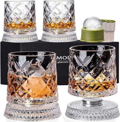 Spinning Whiskey Glasses Set of 4 With Iceball Molds, 9.5oz Lead-free Rotatable Old Fashioned Rocks Glasses for Bourbon, Scotch, Liquor and Cocktails, Gifts for Whiskey-lovers in Saudi Arabia