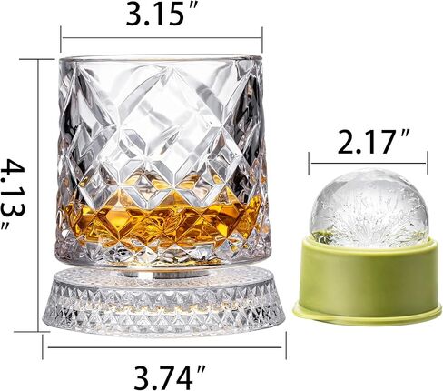 Spinning Whiskey Glasses Set of 4 With Iceball Molds, 9.5oz Lead-free Rotatable Old Fashioned Rocks Glasses for Bourbon, Scotch, Liquor and Cocktails, Gifts for Whiskey-lovers in Saudi Arabia