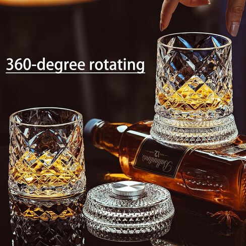 Spinning Whiskey Glasses Set of 4 With Iceball Molds, 9.5oz Lead-free Rotatable Old Fashioned Rocks Glasses for Bourbon, Scotch, Liquor and Cocktails, Gifts for Whiskey-lovers in Saudi Arabia