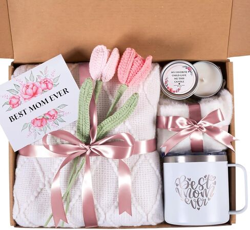 Mothers Day Gifts for Mom from Daughter Son Child, Mother Day Gift Basket for Stepmom, Mother-in-Law, Best Mom Ever Gift Box Set with Blanket Coffee Mug Socks Crochet Tulips Flower in Saudi Arabia