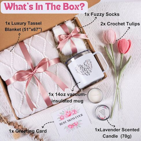 Mothers Day Gifts for Mom from Daughter Son Child, Mother Day Gift Basket for Stepmom, Mother-in-Law, Best Mom Ever Gift Box Set with Blanket Coffee Mug Socks Crochet Tulips Flower in Saudi Arabia