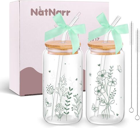 2 Pcs Cute Glass Cups with Lids and Straws, 16oz Coquette Pink Bow Iced Coffee Girly Preppy Design Tumbler Mug for Teen Girls Women Kids Bridesmaid Birthday Graduation Wedding Mothers Day Gifts in Saudi Arabia