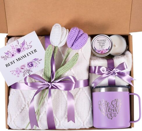 Mothers Day Gifts for Mom from Daughter Son Child, Mother Day Gift Basket for Stepmom, Mother-in-Law, Best Mom Ever Gift Box Set with Blanket Coffee Mug Socks Crochet Tulips Flower in Saudi Arabia