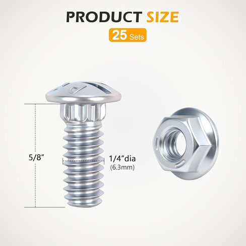 Garage Door Track Bolts & Flange Nuts, 1/4" x 5/8", Grade 8.8 Heat Treated Steel, Zinc Plated Flat Head Carriage Bolt for Vertical/Curved Rails & Extension Ladders (25 Sets) in Saudi Arabia
