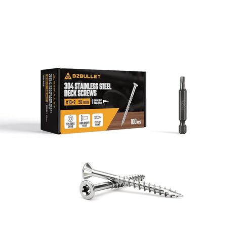 #10 × 2 1/2 inch 304 Stainless Steel Deck Screws Wood Screws, Flat Head T25 Star Drive, Type 17 Auger Tip with a Free T25 Star Drive Bit for All Outdoor Wood Construction 100Pcs in Saudi Arabia