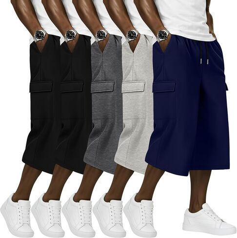 August Alley 5 Pack Mens Capri Pants Cropped Cargo Below Knee Shorts 3/4 Loose Fit Lightweight Drawstring Sweatpants Pockets in Saudi Arabia