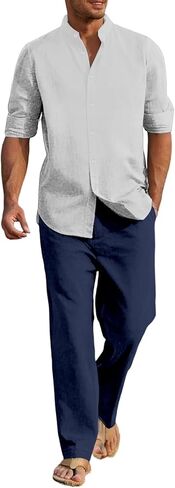 Mens Linen Suit 2 Pieces Casual Long Sleeve Henley Shirts Beach Yoga Pants Cotton Linen Set Summer Vacation Outfits in Saudi Arabia