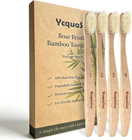 Premium Boar Bristle Bamboo Toothbrush (4 Pack) | 100% Plastic & Nylon Free | Gentle Deep Clean | Compostable Eco Friendly Zero Waste in Saudi Arabia