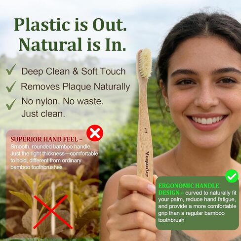 Premium Boar Bristle Bamboo Toothbrush (4 Pack) | 100% Plastic & Nylon Free | Gentle Deep Clean | Compostable Eco Friendly Zero Waste in Saudi Arabia