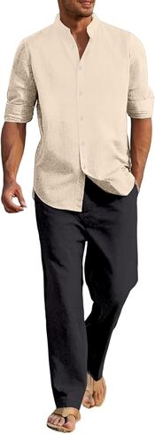 Mens Linen Suit 2 Pieces Casual Long Sleeve Henley Shirts Beach Yoga Pants Cotton Linen Set Summer Vacation Outfits in Saudi Arabia