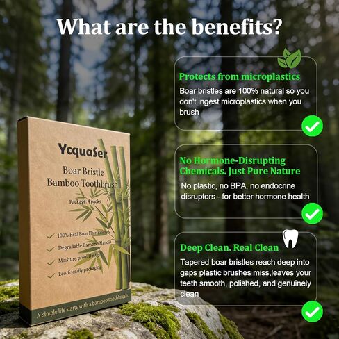 Premium Boar Bristle Bamboo Toothbrush (4 Pack) | 100% Plastic & Nylon Free | Gentle Deep Clean | Compostable Eco Friendly Zero Waste in Saudi Arabia