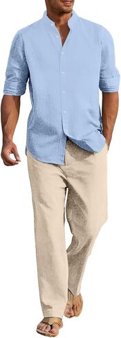 Mens Linen Suit 2 Pieces Casual Long Sleeve Henley Shirts Beach Yoga Pants Cotton Linen Set Summer Vacation Outfits in Saudi Arabia