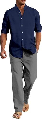 Mens Linen Suit 2 Pieces Casual Long Sleeve Henley Shirts Beach Yoga Pants Cotton Linen Set Summer Vacation Outfits in Saudi Arabia