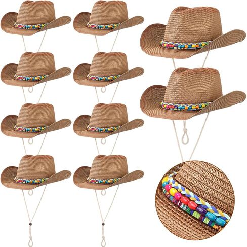 Mepase 10 Pack Bulk Straw Cowboy Hat for Women Western Cowgirl Party Hat & Colorful Beaded Band Adjustable Chin Strap Beach in Saudi Arabia