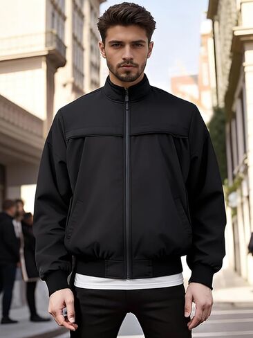Men's Baseball Jacket, Casual Sporty Streetwear Windbreaker, Machine Washable Urban Outwear Black in Saudi Arabia