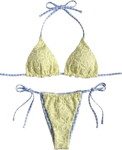 Verdusa Women's 2 Piece Textured Floral Bikini Sets Boho Chic Gingham Halter Swimsuits in Saudi Arabia