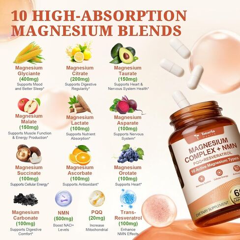 Totaria Magnesium Complex with NMN Supplement, NAD Supplements for Women Sleep & Relax, Boost NAD Levels, Cellular Energy & Anti-Aging, NMN NAD Resveratrol Supplement with PQQ, Non-GMO in Saudi Arabia
