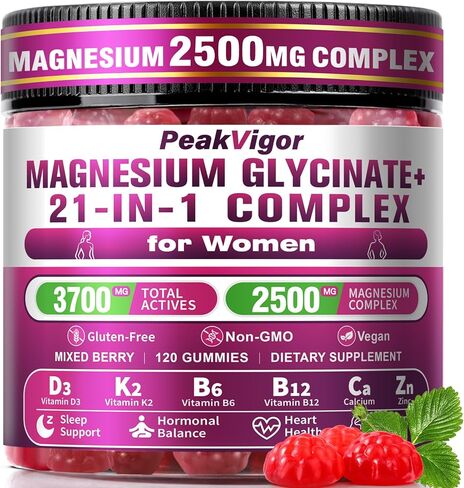 21 in 1 Magnesium Glycinate Gummy for Women with D3, K2, B6, B12, L-Theanine & Ashwagandha, 2500mg Magnesium Complex, Sleep Support, Vegan, Non-GMO,Third-Party Tested (60-Day Supply) in Saudi Arabia
