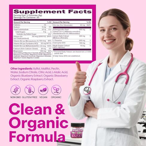 21 in 1 Magnesium Glycinate Gummy for Women with D3, K2, B6, B12, L-Theanine & Ashwagandha, 2500mg Magnesium Complex, Sleep Support, Vegan, Non-GMO,Third-Party Tested (60-Day Supply) in Saudi Arabia