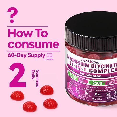 21 in 1 Magnesium Glycinate Gummy for Women with D3, K2, B6, B12, L-Theanine & Ashwagandha, 2500mg Magnesium Complex, Sleep Support, Vegan, Non-GMO,Third-Party Tested (60-Day Supply) in Saudi Arabia