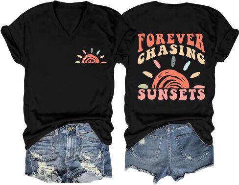 تي شيرت نسائي بأكمام قصيرة مطبوع عليه Forever Chasing Sunsets، تي شيرت صيفي غير رسمي لقضاء إجازة الشاطئ in Kuwait