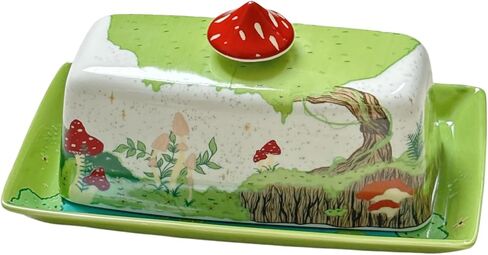HAN SHENG Ceramic Butter Dish with Lid - Airtight Butter Keeper Mushroom Design, Farmhouse Countertop Storage, Rustic Kitchen Decor Gift in Saudi Arabia