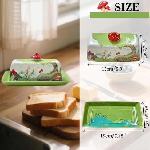 HAN SHENG Ceramic Butter Dish with Lid - Airtight Butter Keeper Mushroom Design, Farmhouse Countertop Storage, Rustic Kitchen Decor Gift in Saudi Arabia