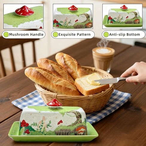 HAN SHENG Ceramic Butter Dish with Lid - Airtight Butter Keeper Mushroom Design, Farmhouse Countertop Storage, Rustic Kitchen Decor Gift in Saudi Arabia