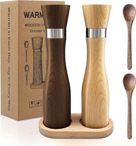 Kitchen Wooden Salt and Pepper Grinder Set: Refillable Salt & Pepper Mills Adjust for Customized Coarseness, 9" 5PC with Tray & Spoons,Non-Slip Base-Kitchen Counter Decor in Saudi Arabia